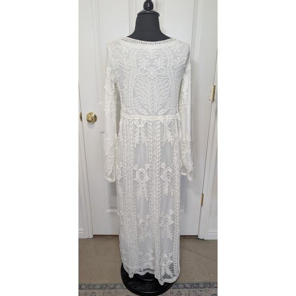 White Lace Maxi Dress S Boho Romantic Bridal Overlay Cottage Temple Orange Creek - Picture 6 of 14